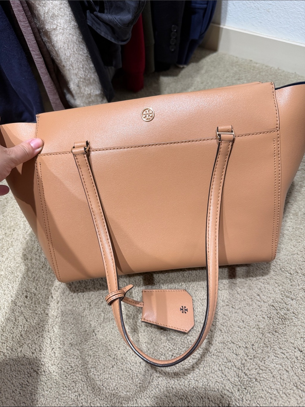 Tory Burch Small Parker Tote - Camel Leather Tote with Logo Tag - Picture 2 of 11